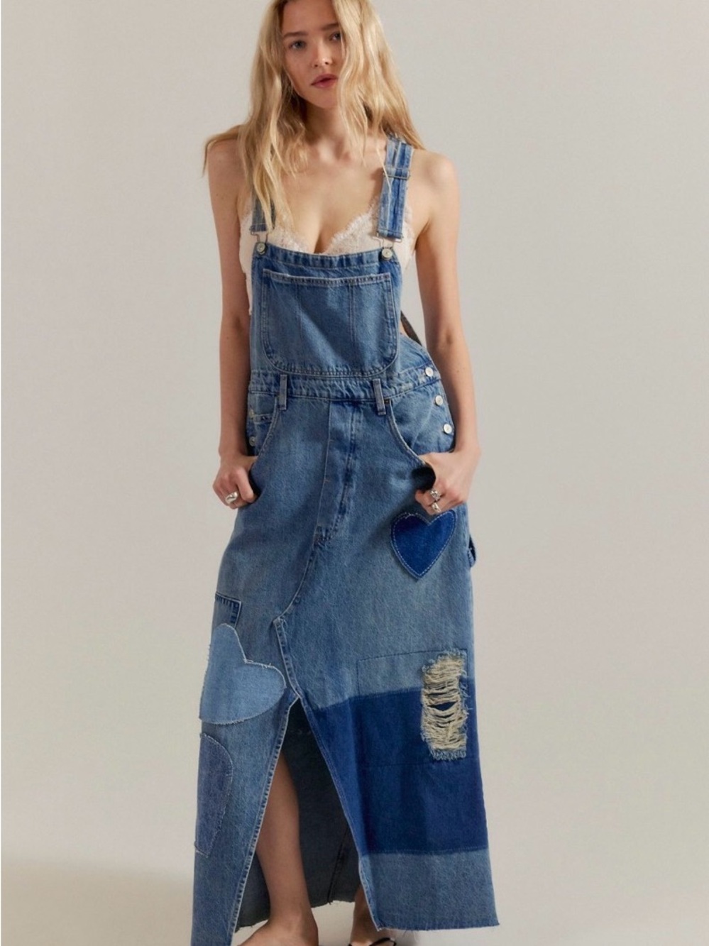 We the free key to my heart Denim Patchwork Overall Maxi Dress - Blue